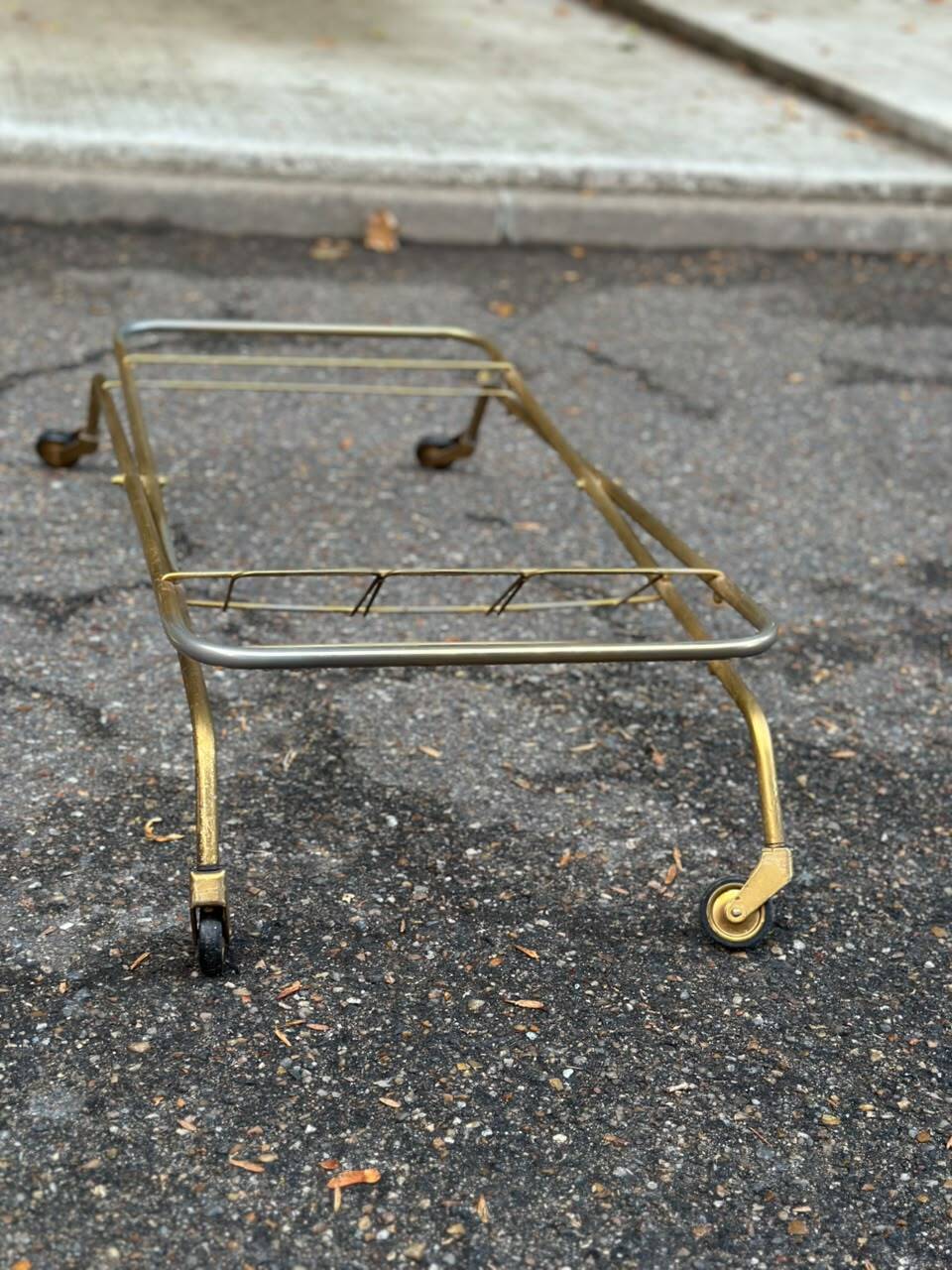 Vintage gold folding wheeled dessert trolley Toile de Jouy 1970s bar furniture