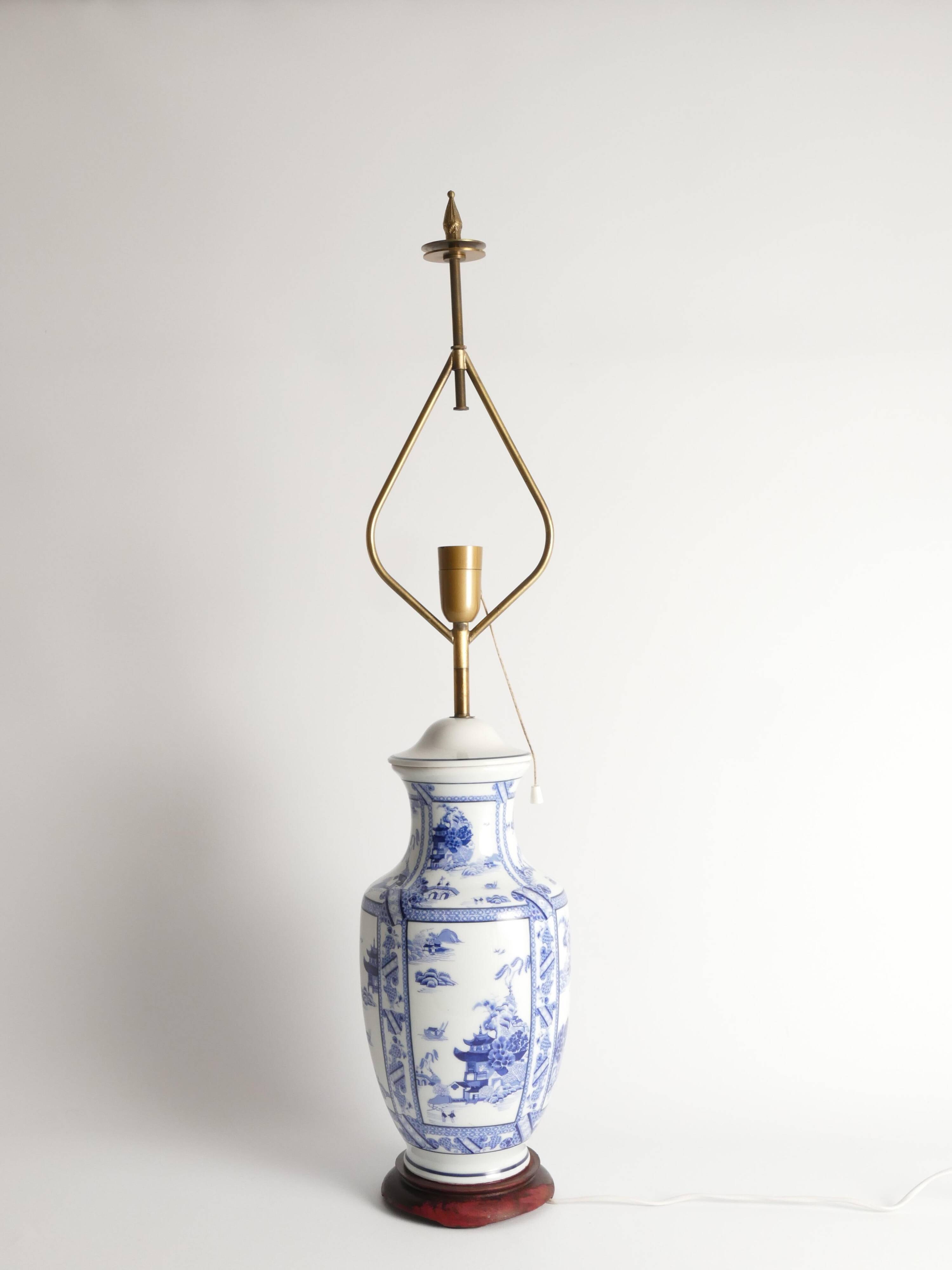 French Blue & White Willow Porcelain Table Lamp, by Louis Drimmer, Limoges