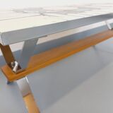 Vintage coffee table from the 60s and 70s in ceramic, chrome metal, and wood.