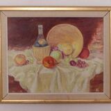 Original Swedish oil on canvas – “Still Life with Fruit and Bottle” by A.K. – vintage & framed – 40 × 48 cm (15.7" × 18.9")
