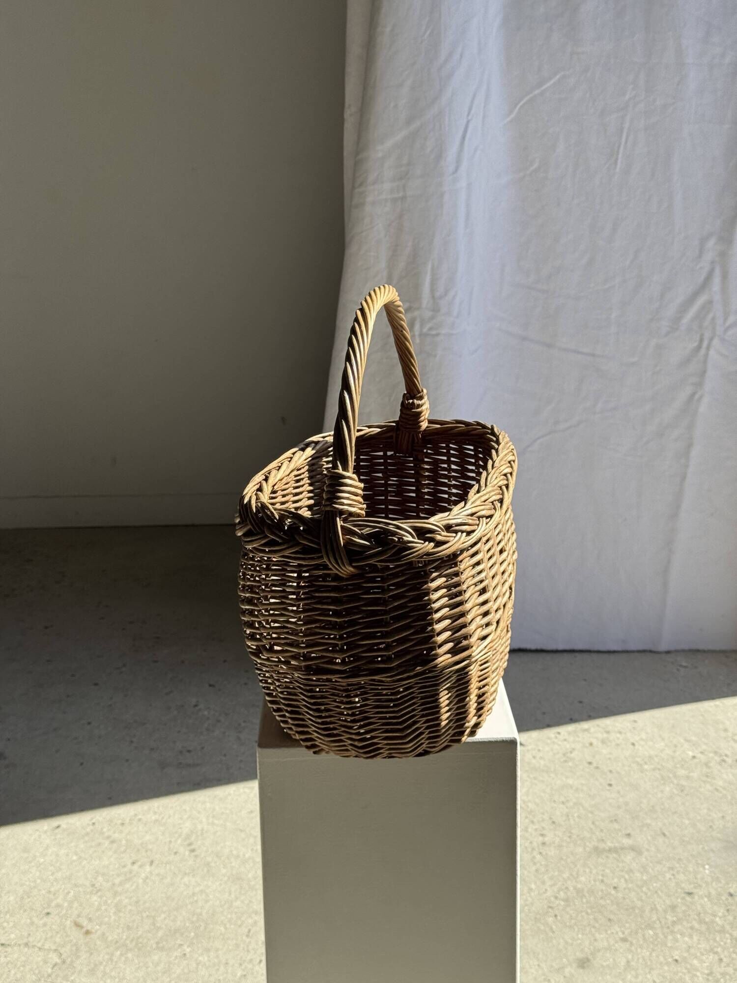 Large antique woven wicker basket with handle H45 L43 D25