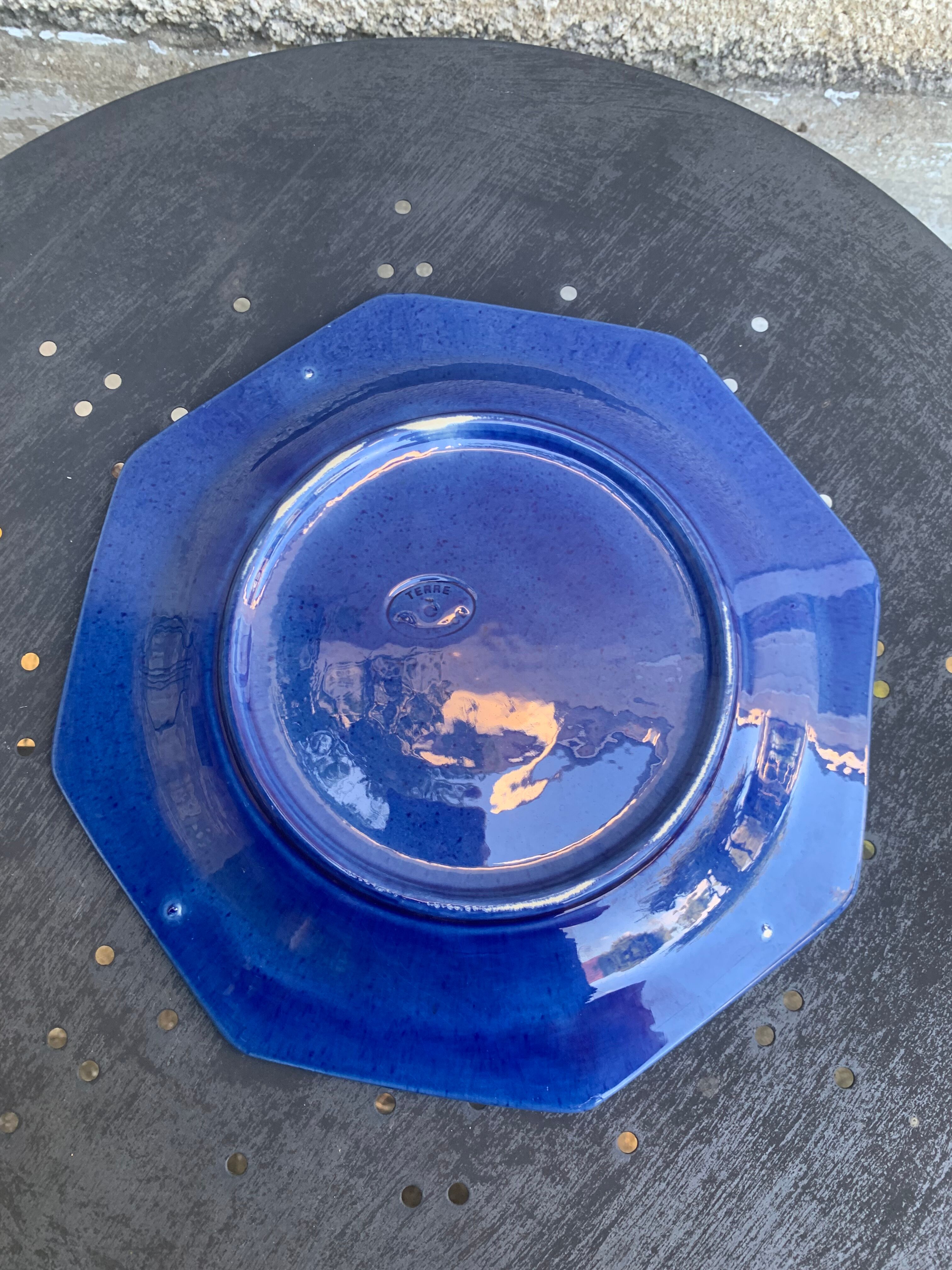 4 octagonal flat plates terre de Provence blue ceramic glazed vintage