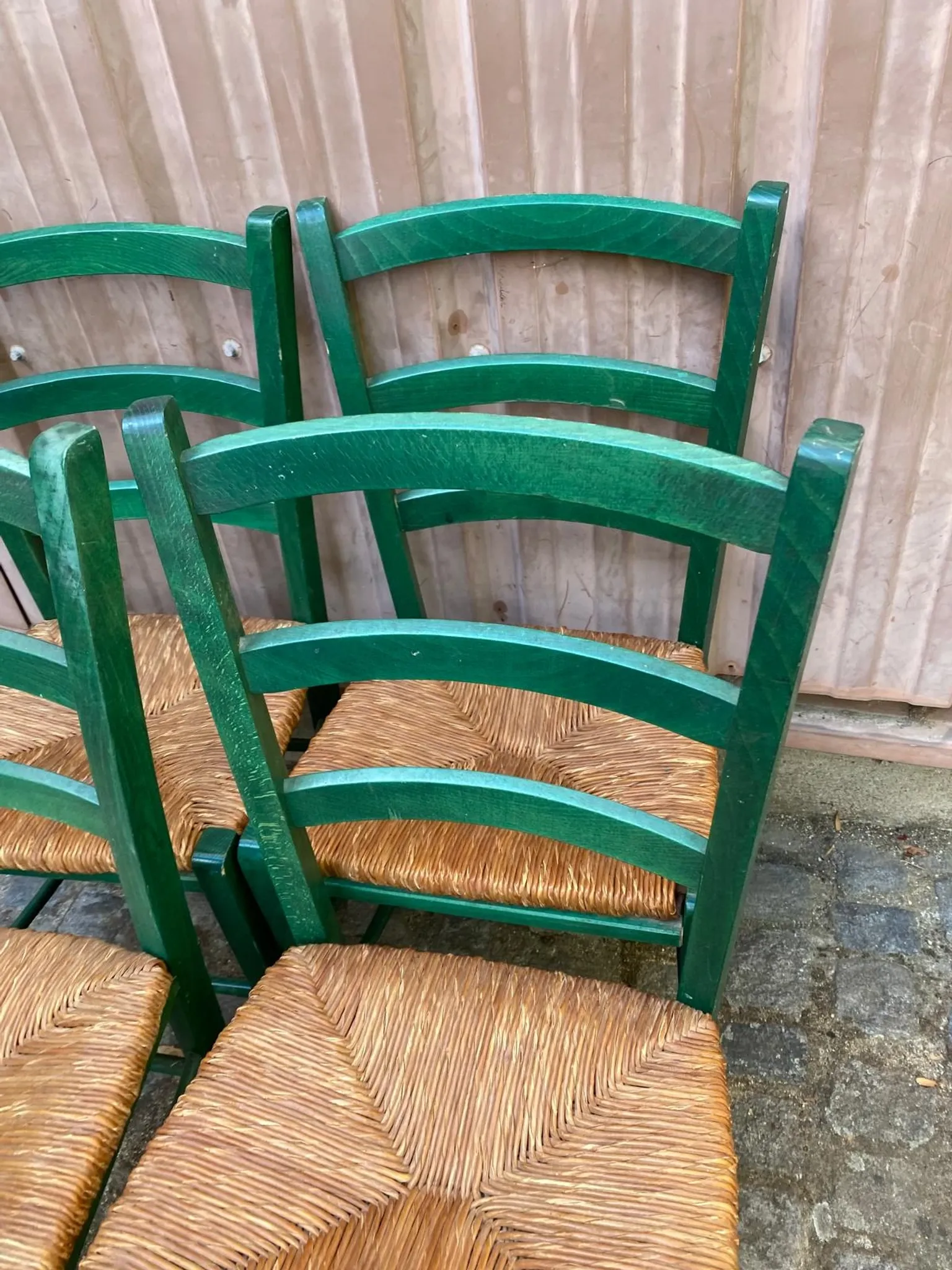 4 solid wood green straw chairs in Bistrot Campagne style from the 1980s.