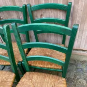 4 solid wood green straw chairs in Bistrot Campagne style from the 1980s.