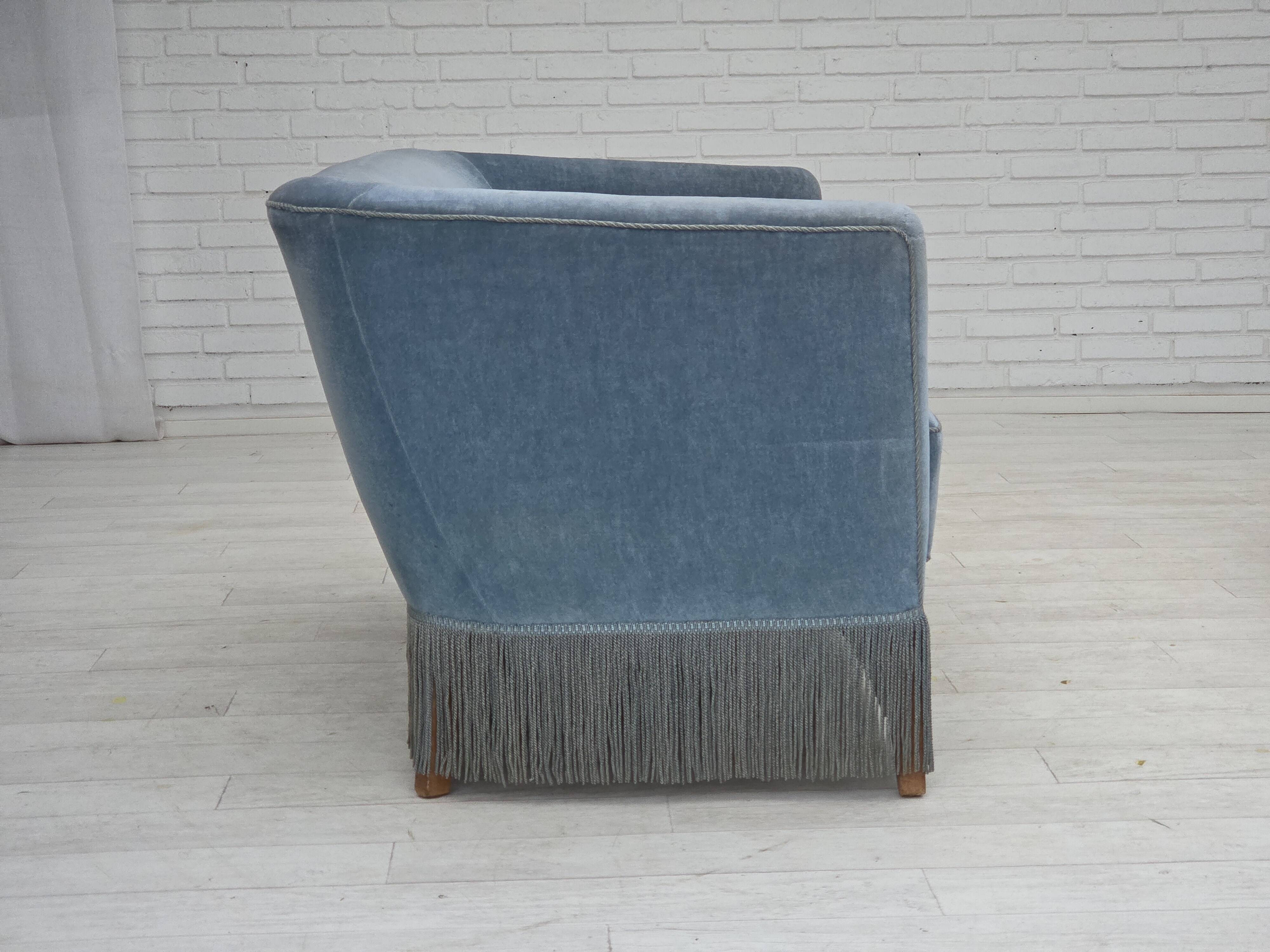 1970s, Danish 2-seater sofa, blue furniture velour, oak wood legs.