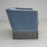1970s, Danish 2-seater sofa, blue furniture velour, oak wood legs.