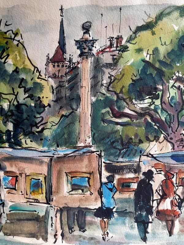 Aquarelle sur vélin d'Arches Genève, place du Port, La foire aux tableaux, André Duculty