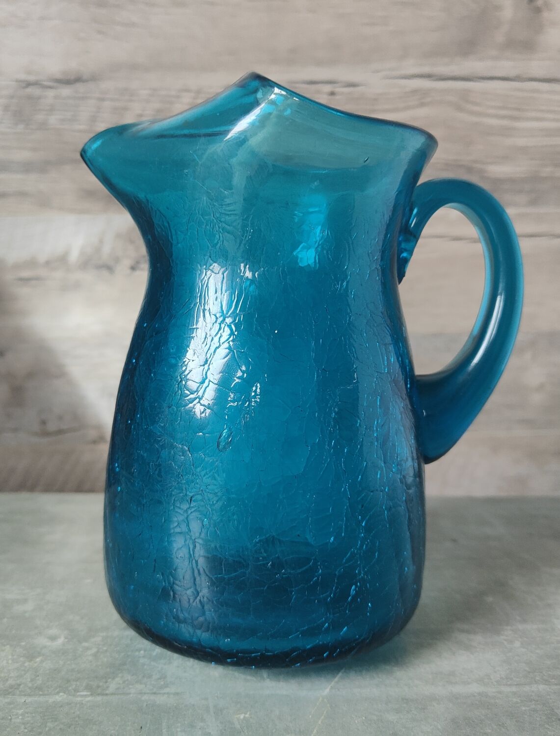 Blue cracked glass pitcher