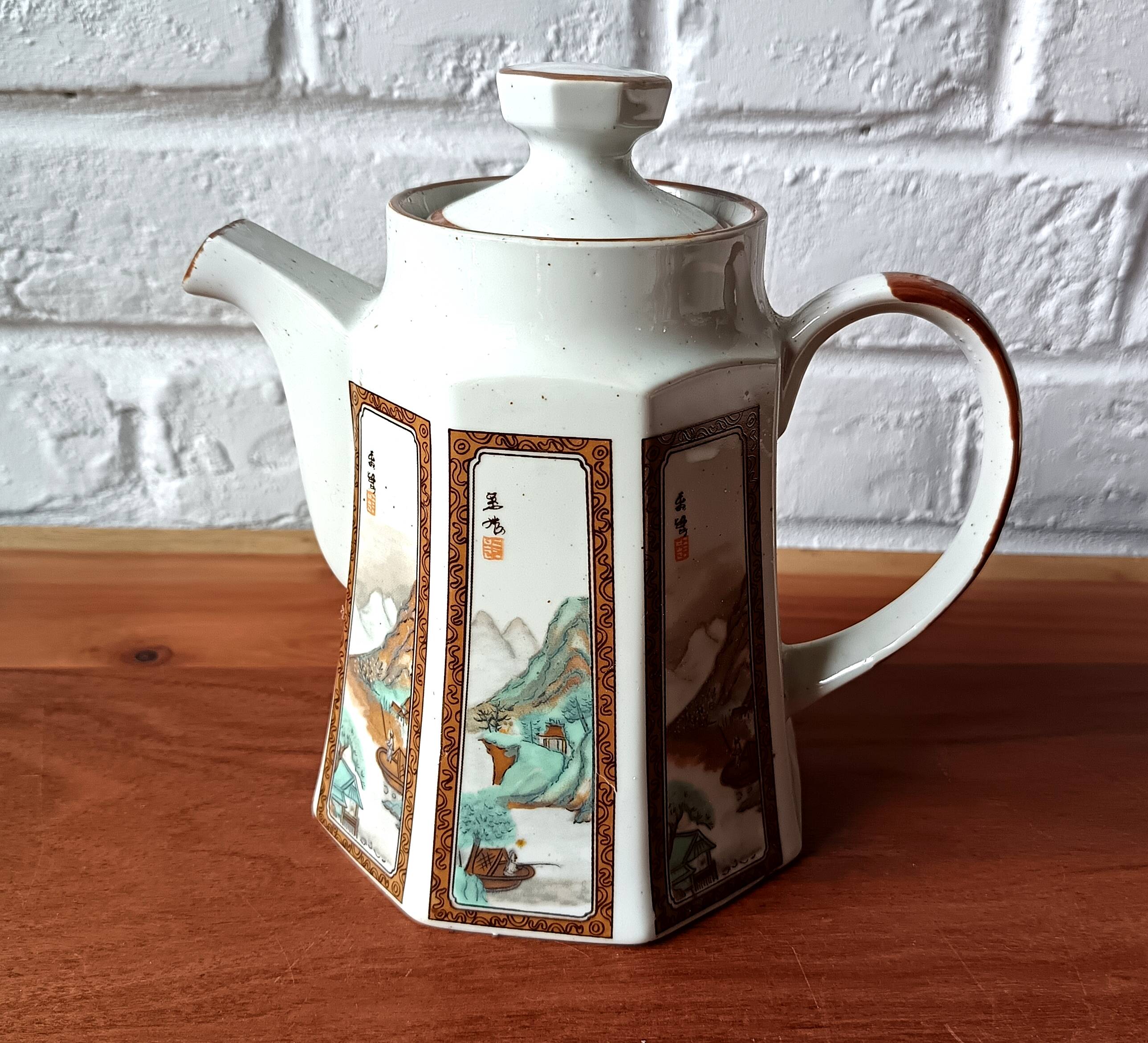 Asian ceramic tea set, mazagrans and teapot with landscape motif