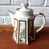 Asian ceramic tea set, mazagrans and teapot with landscape motif