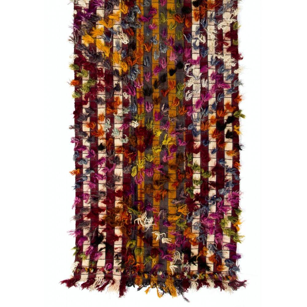 Vintage Handwoven Turkish Kilim Runner Rug with Colorful Pom Poms