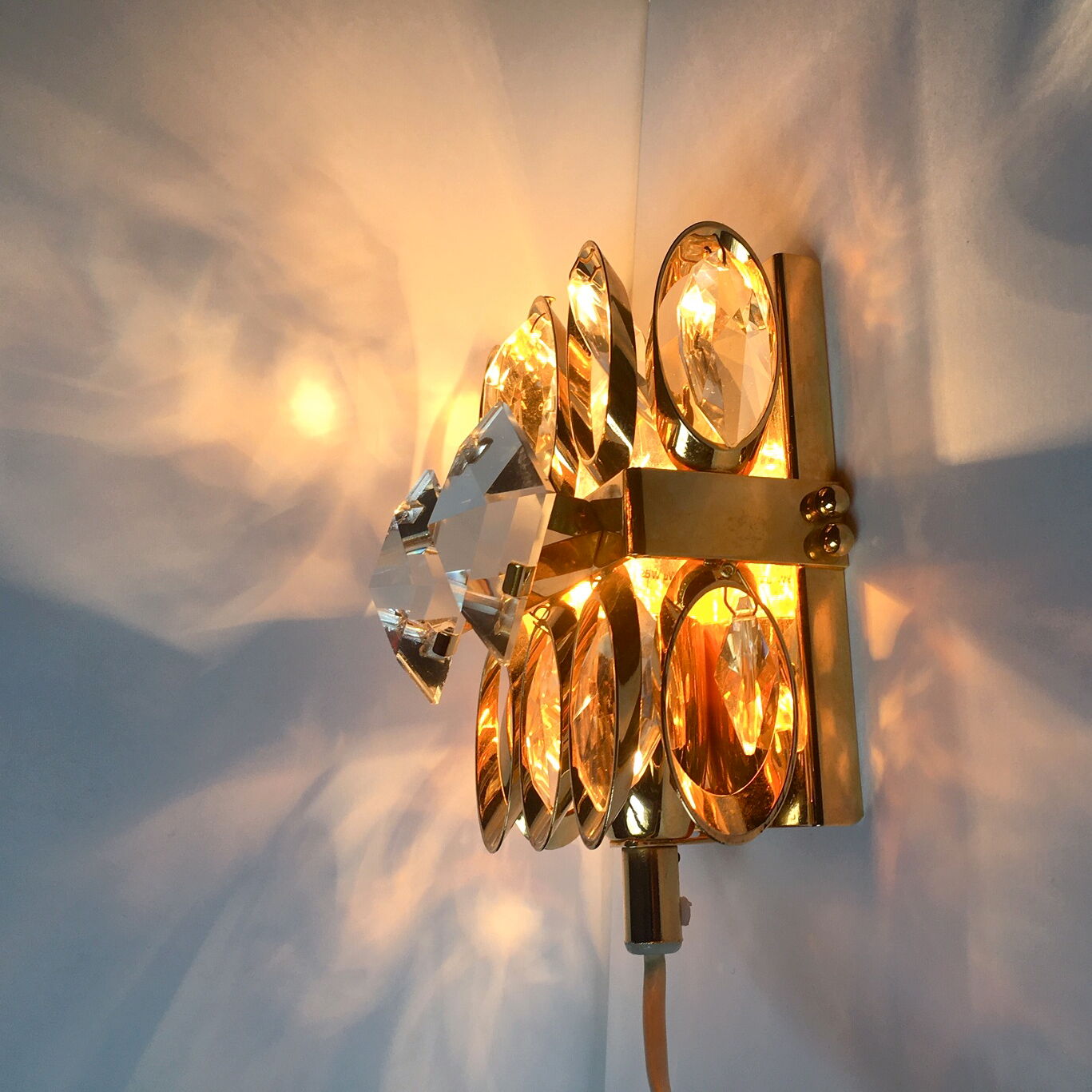 Palwa gold brass and crystal wall light 1960 design