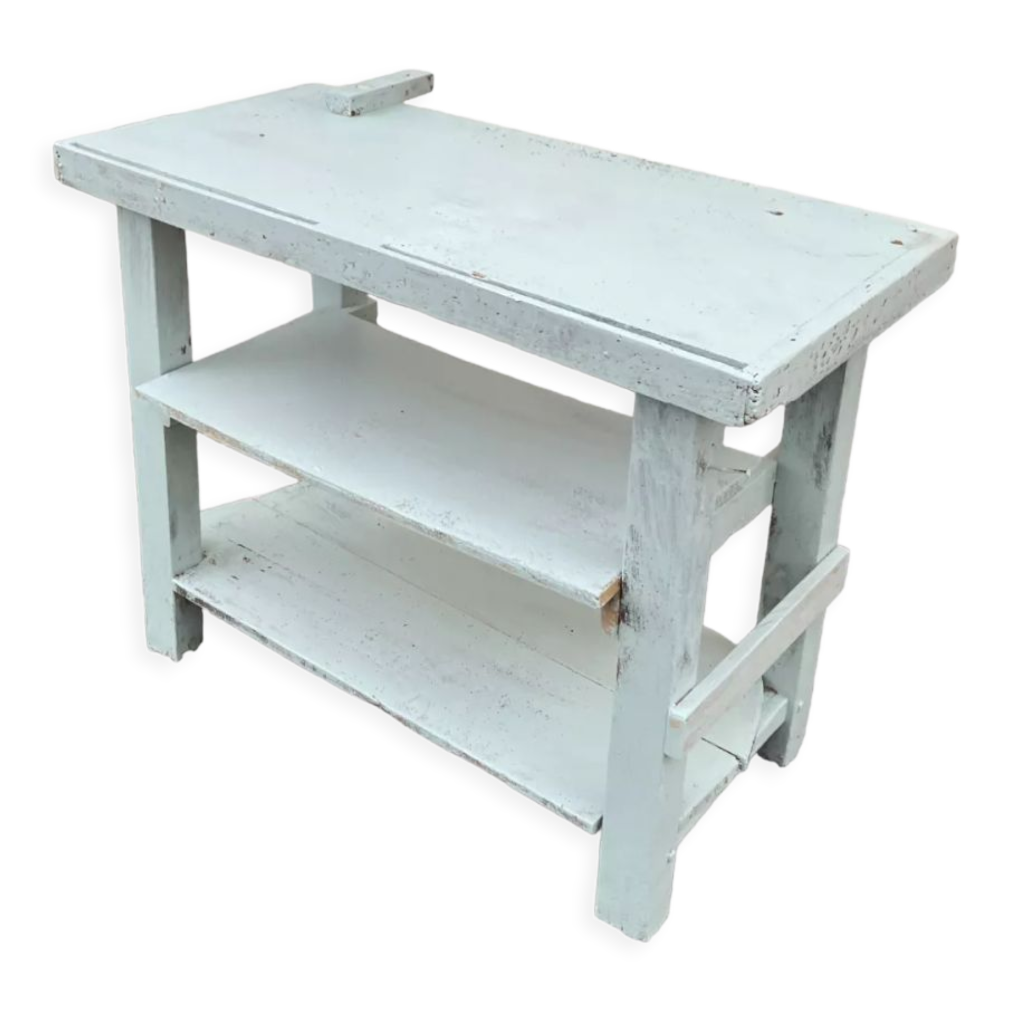 Light blue painted wooden workbench