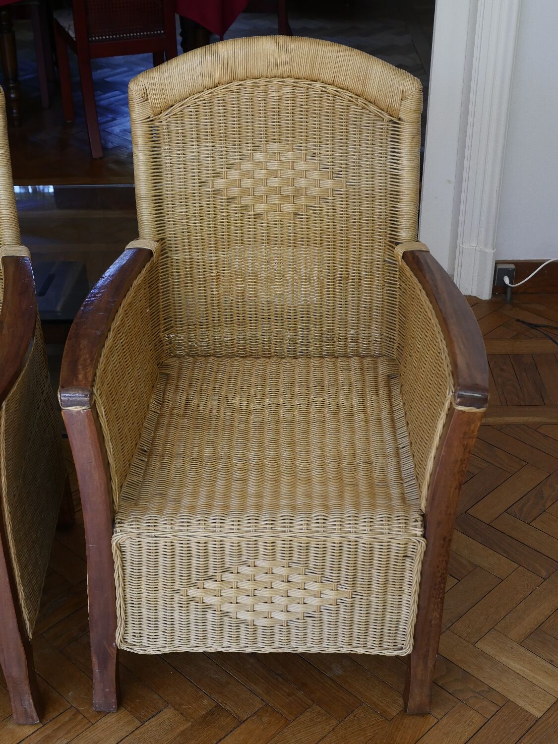 2 rattan and wood armchairs