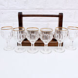 Vintage 6 liquor glasses and wood carrying tray