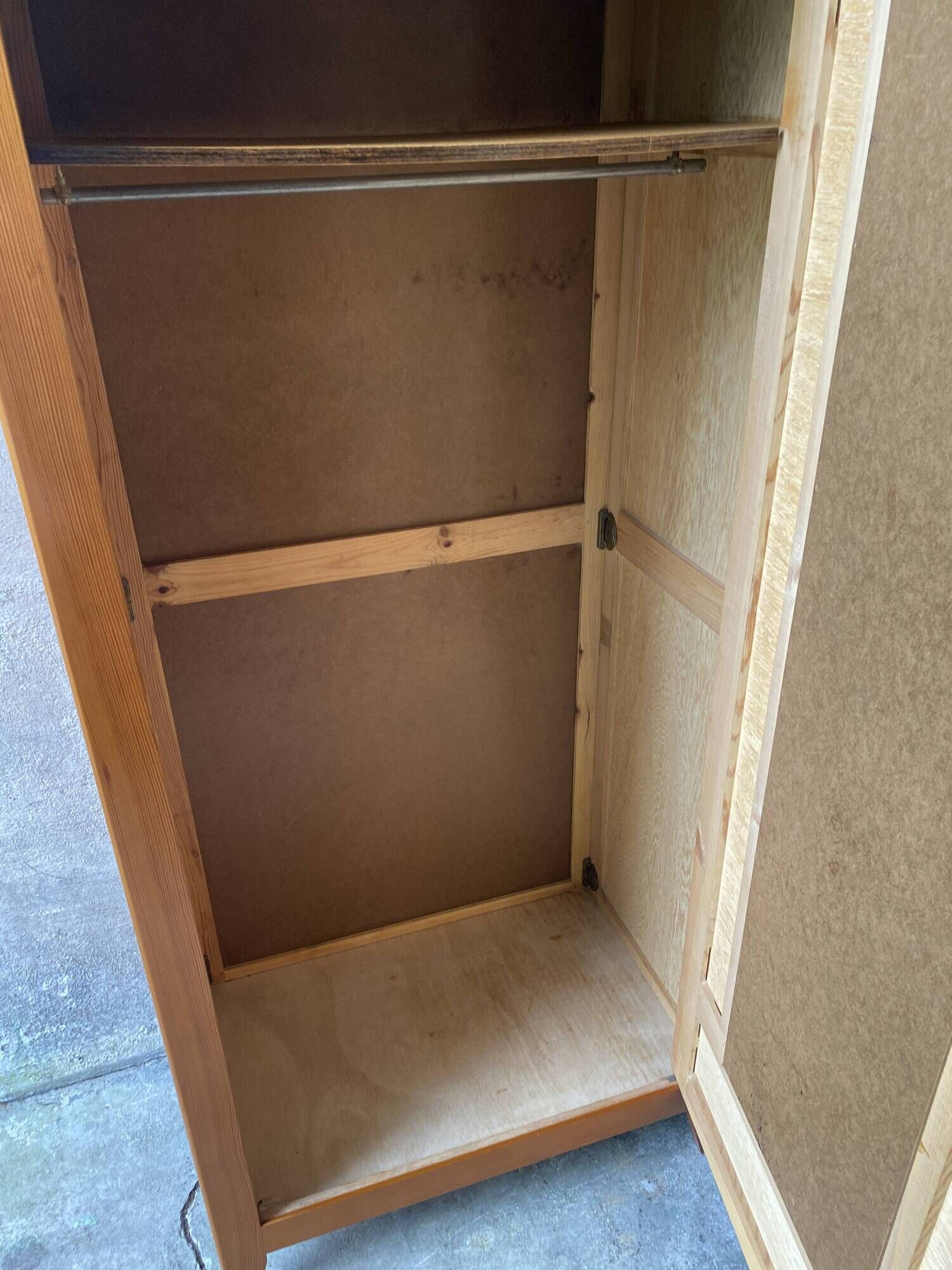 Vintage Parisian wardrobe with one mirrored door from the 60s in pine and wood