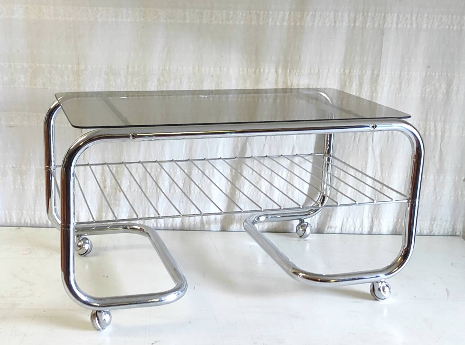 Coffee table tubular chrome structure and smoked glass - 1970s