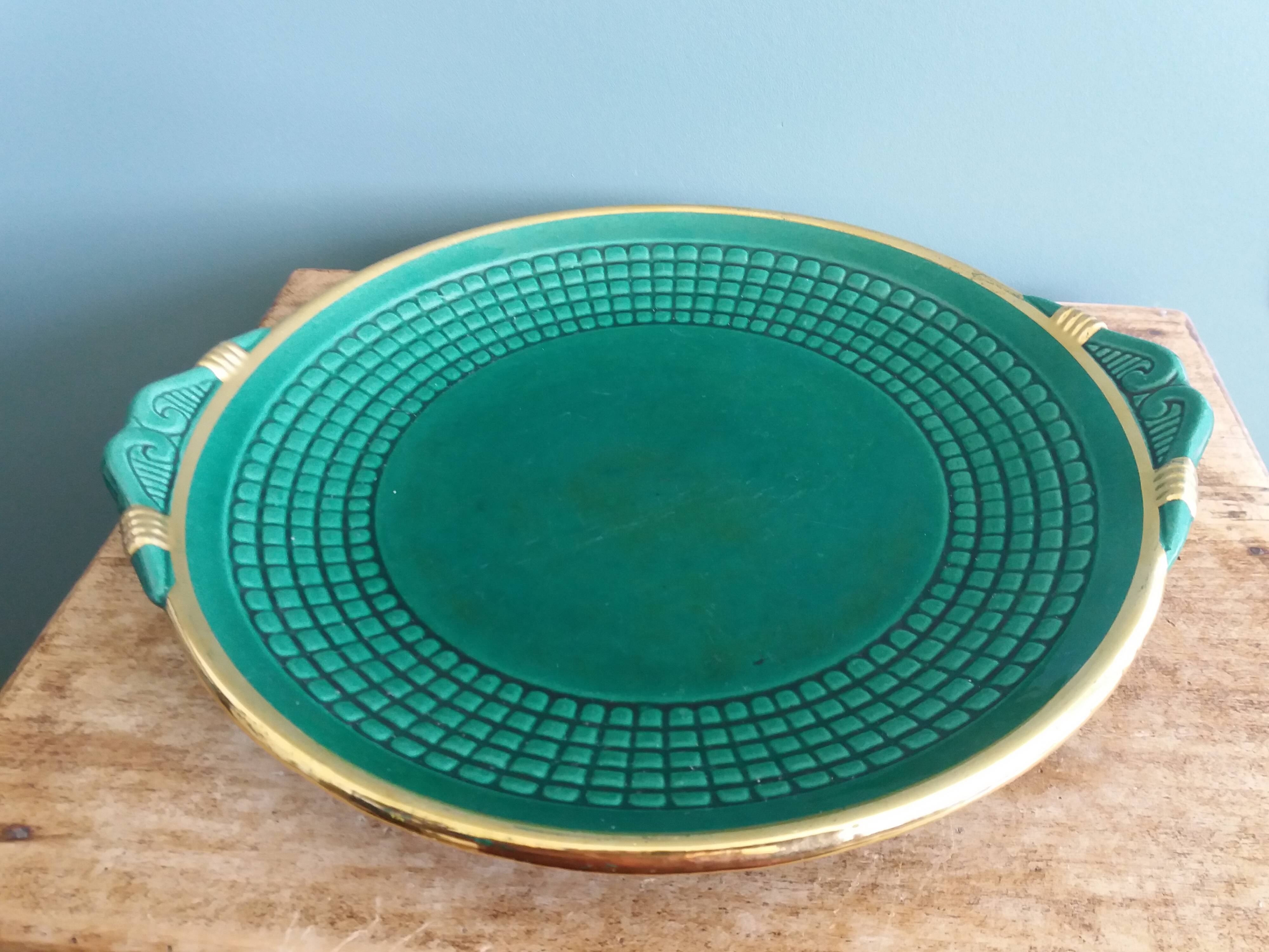 Dessert or cheese set, dish and 4 plates, Saint Clément green and gold