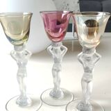 Set of 3 iridescent glasses/Caryatids/Venus base. Royal Bayel Crystal.