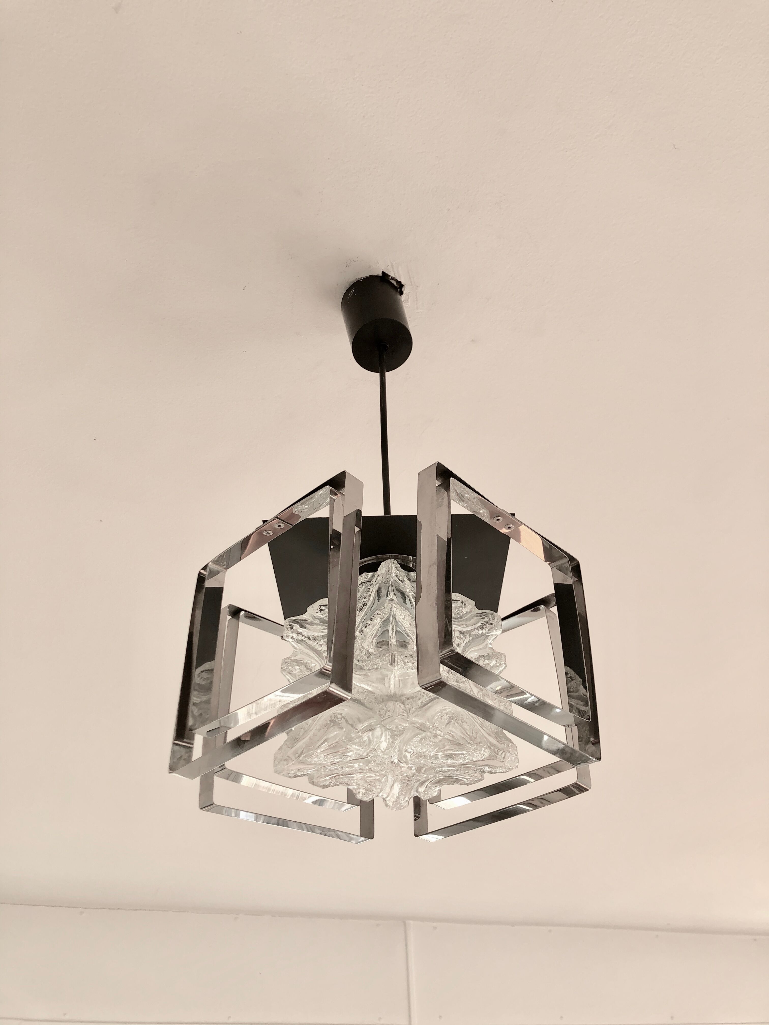 Glass and chrome hanging lamp 1970