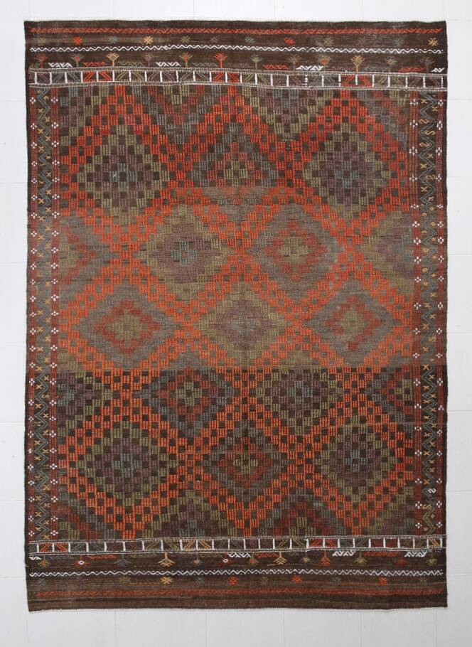 Tapis Kilim Tribal Vintage – Motifs Géométriques Terre & Orange, 207x301 Cm