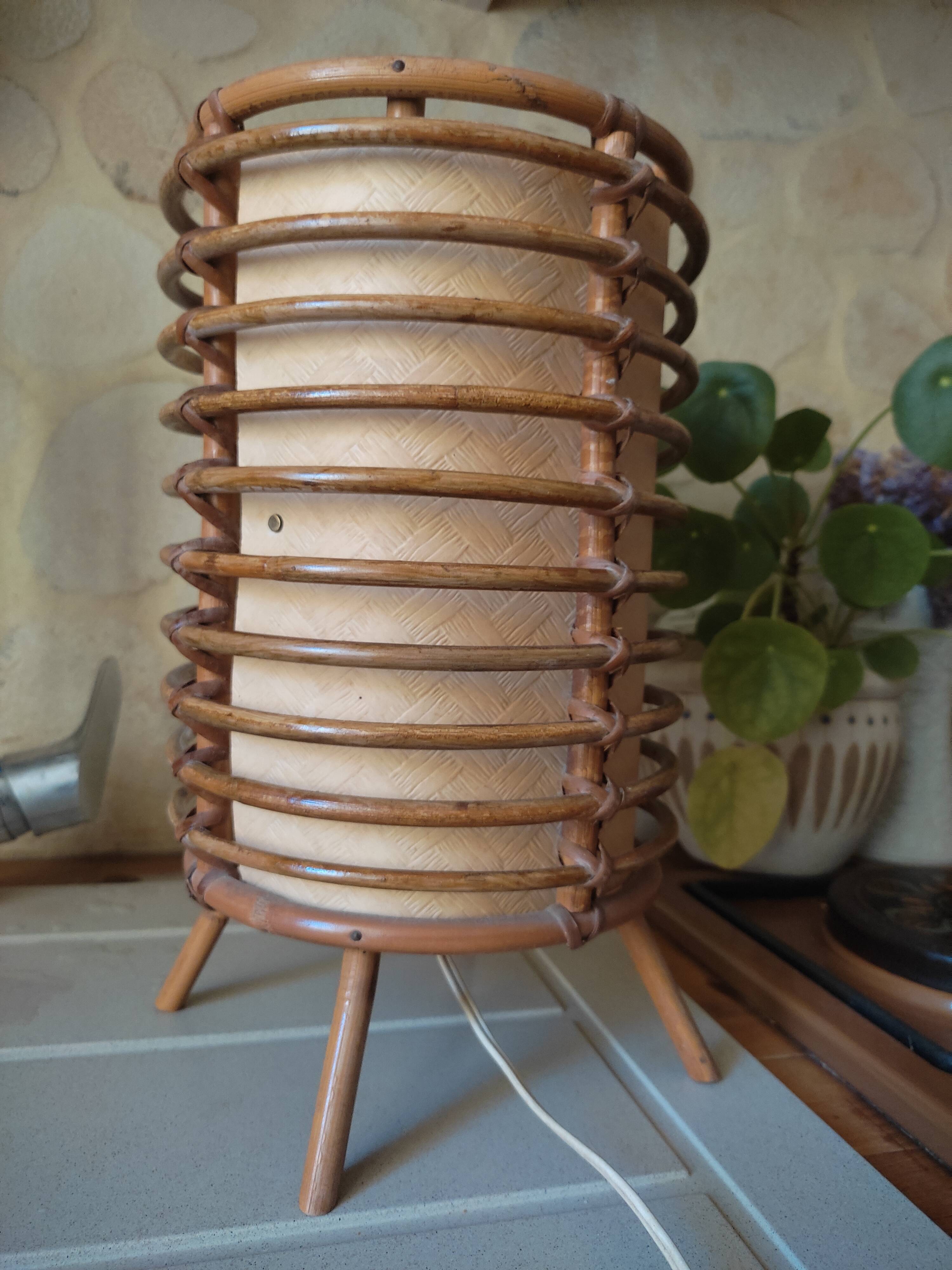 Cylindrical rattan lamp by Louis Sognot