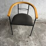 Set of 6 Postmodern Dining Chairs — Black Metal Frame, Natural Wood Armrest and Dark Grey Fabric Seats