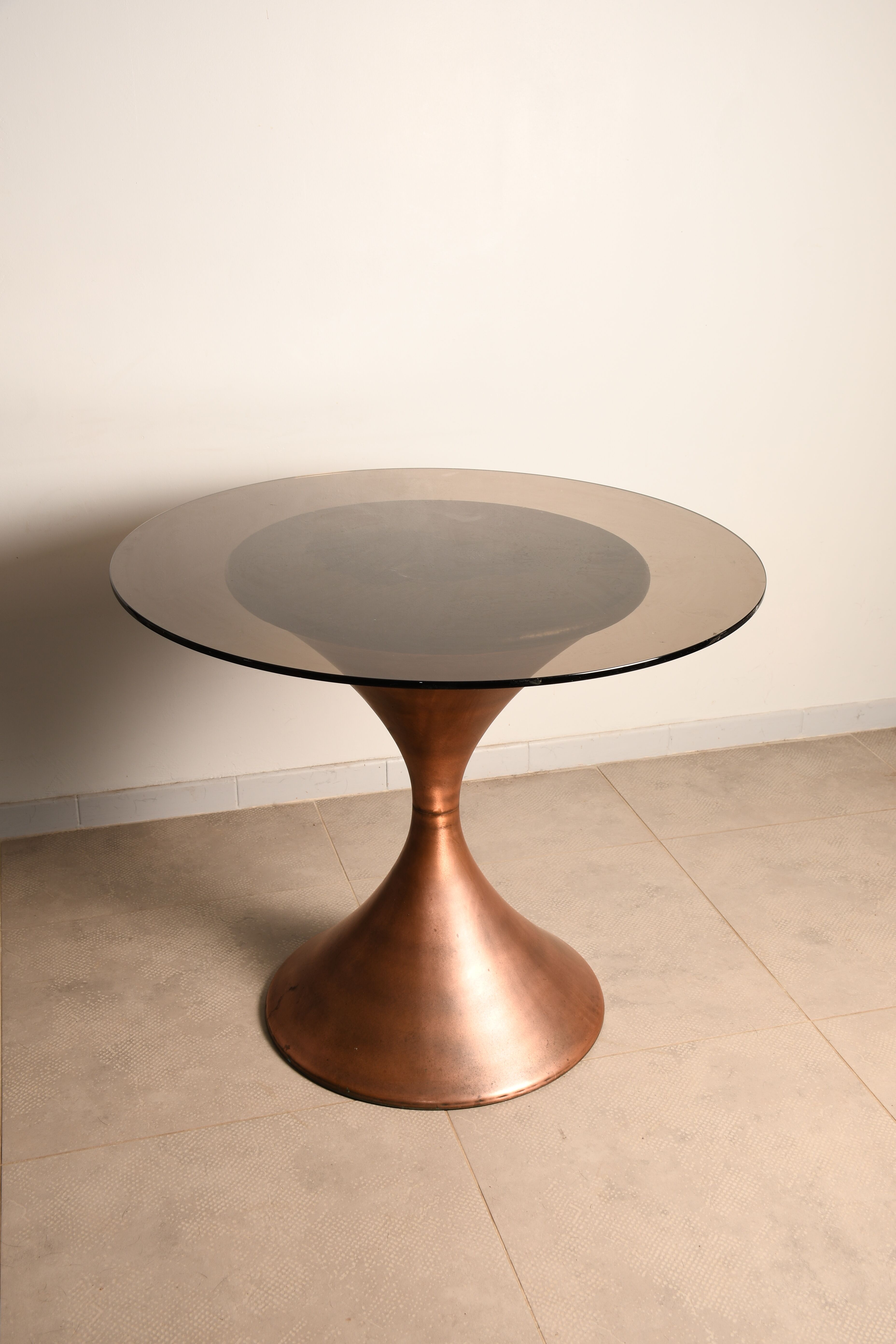 Copper table, smoked glass top from the 60s