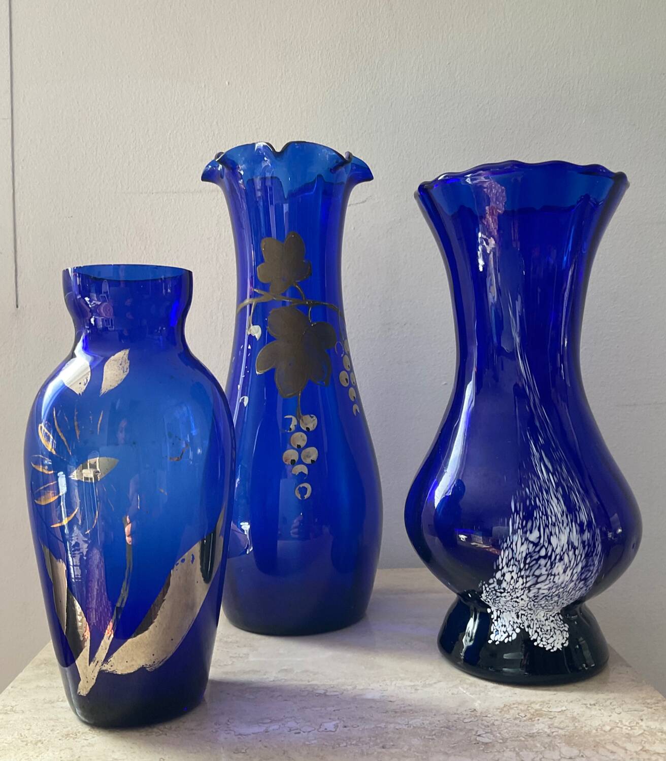 Trio of cobalt blue Art Deco vases
