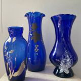 Trio of cobalt blue Art Deco vases