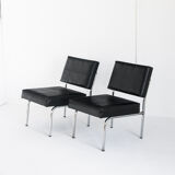 Pair of vintage low armchairs in chrome metal and skaï, Spain 1970