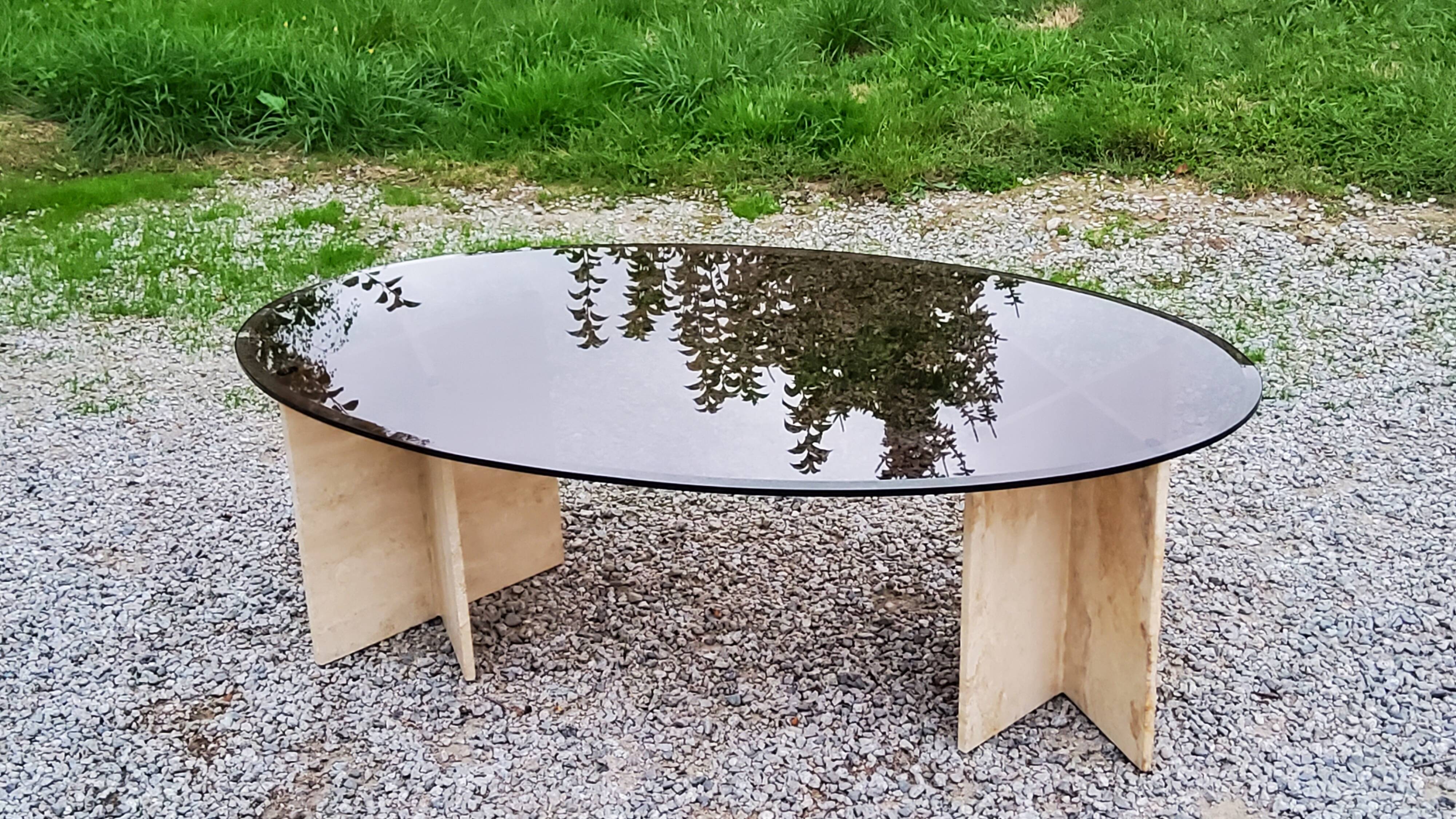 70s travertine and smoked glass designer coffee table