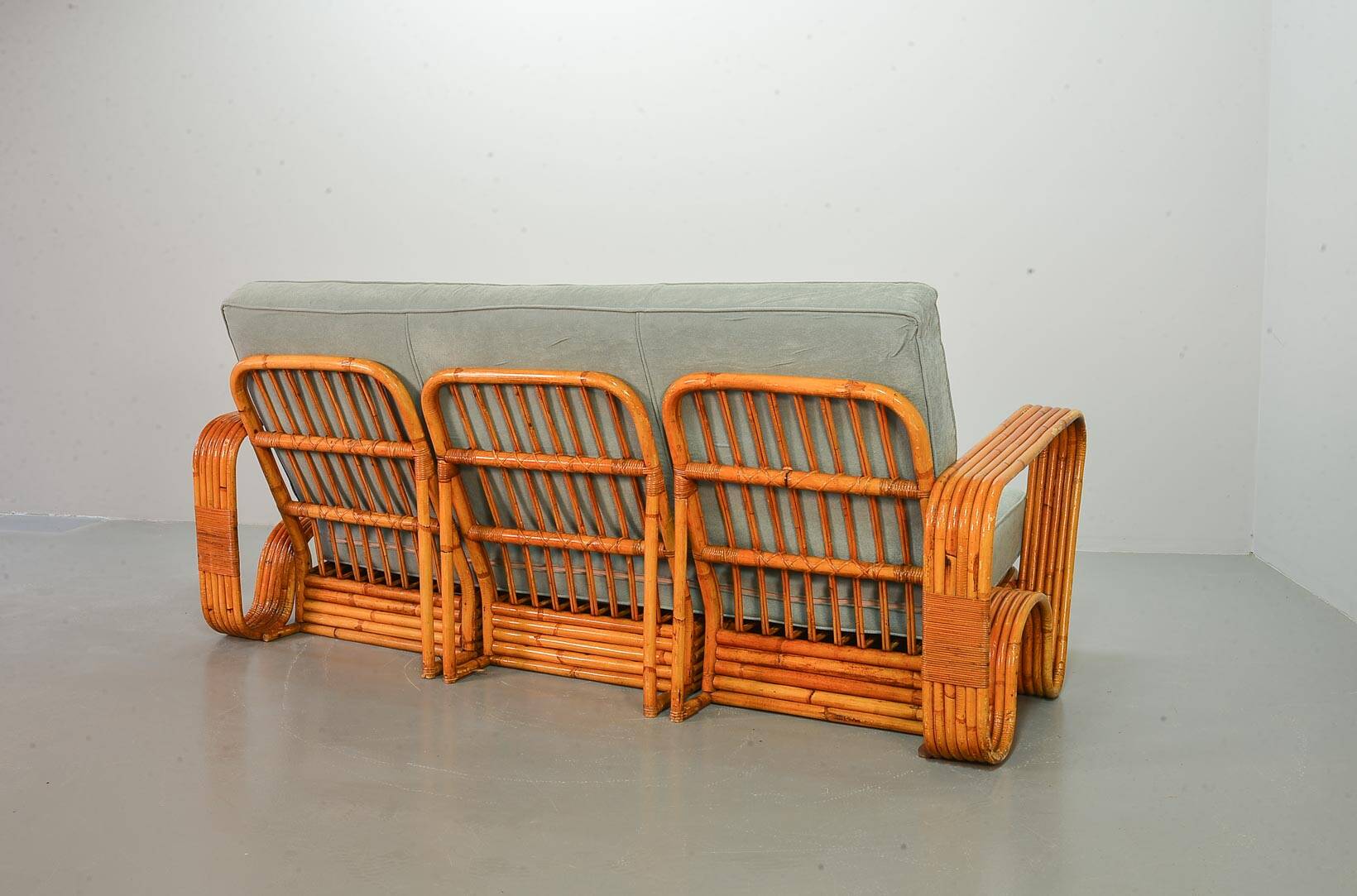 Exclusive Six Strand Rectangular Rattan 3-Seat Sofa after Paul Frankl, 50s