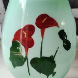 Vase in opaline crystal, red arum flowers. Vintage