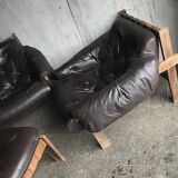 Mid-Century Brown Tufted Leather Armchairs & Ottoman in the Style of Percival Lafer, 1960s, Set of 3