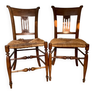 Paire de chaise en paille en bois sculptée époque 19ème