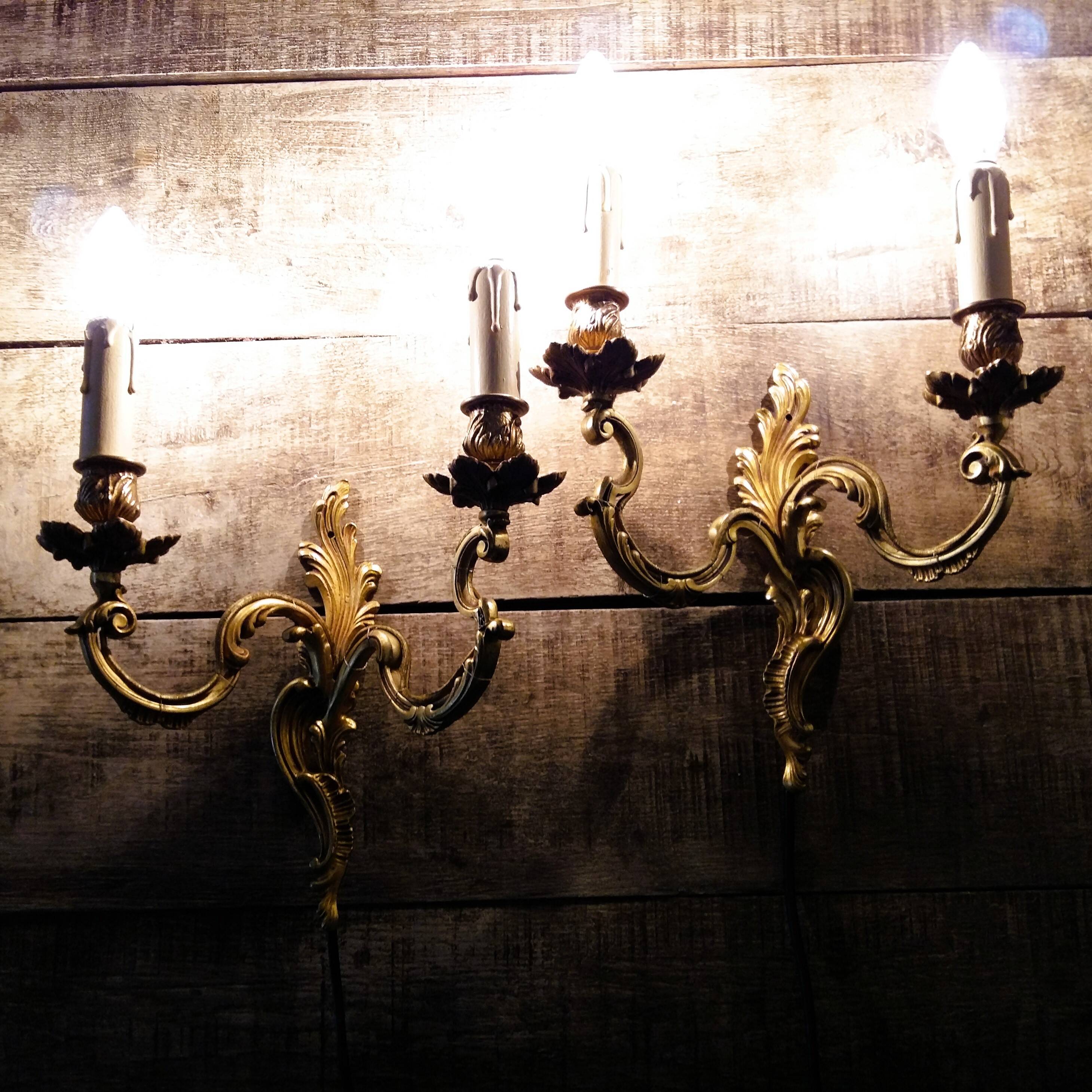 Pair of Heavy, French, Gold Bronze 2 Arm Wall Lights. Ornate Rococo/ Baroque/ Louis XV Style Sconces