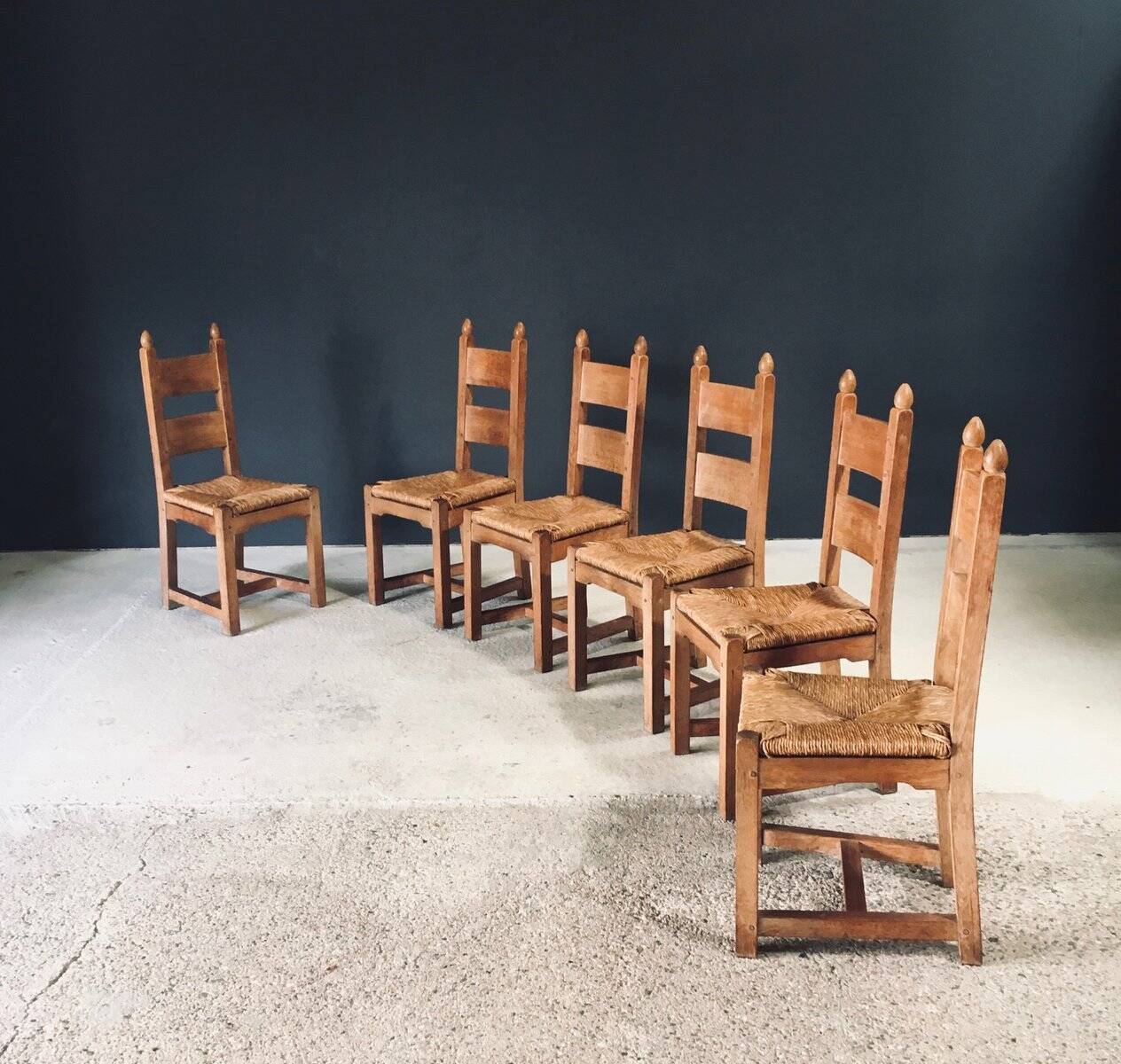 Handcrafted Oak and Rush Dining Chairs, Belgium, 1960s, Set of 6