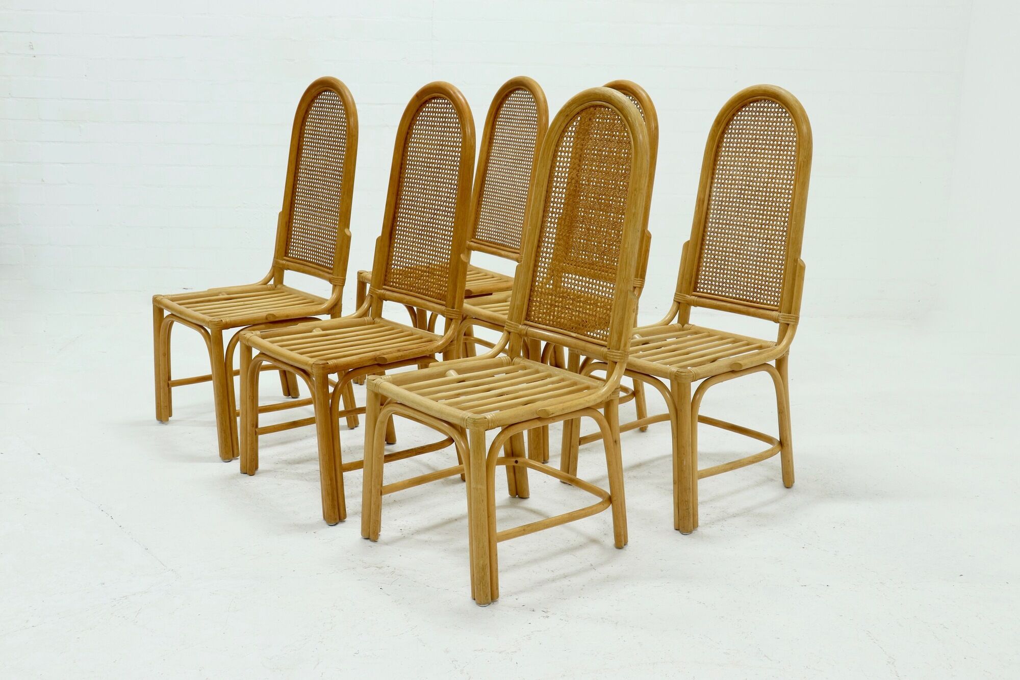 Set of 6 bamboo and webbing dining chairs 1970s
