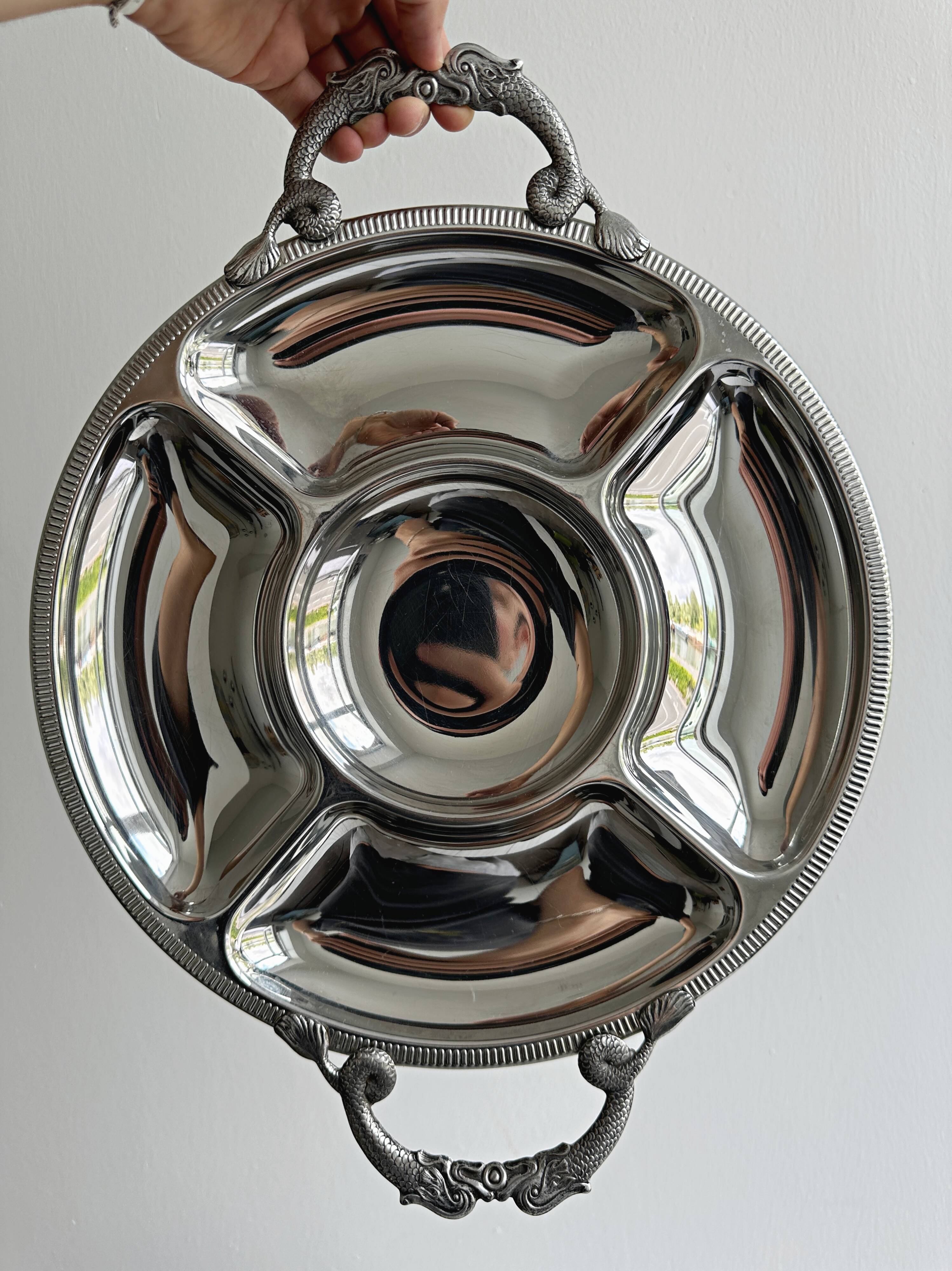 Vintage silver-plated metal serving tray with compartments.