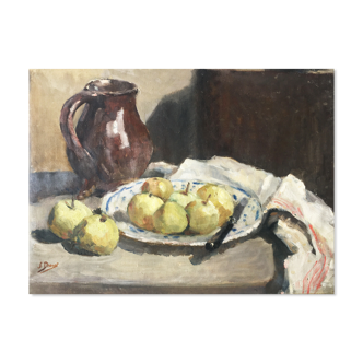 Table HST "Still Life with Apples" early 20th signed Drouot