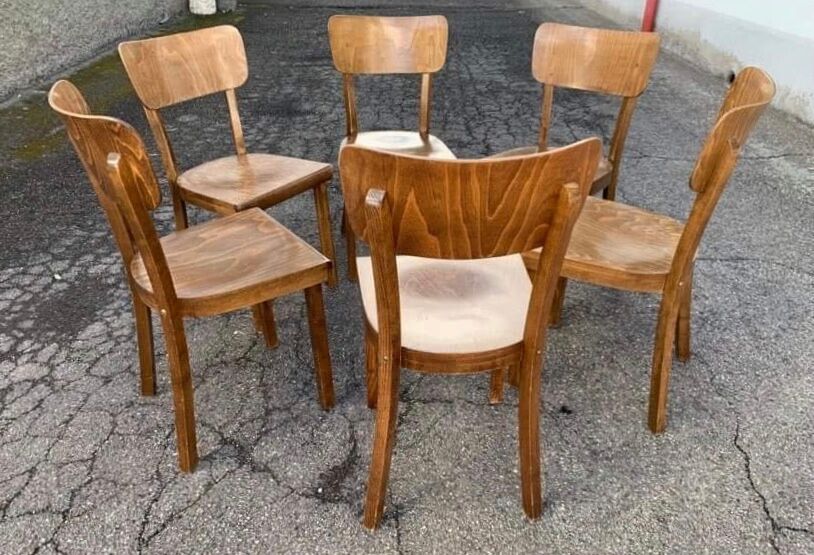 6 old lounge chairs bistro curved wood