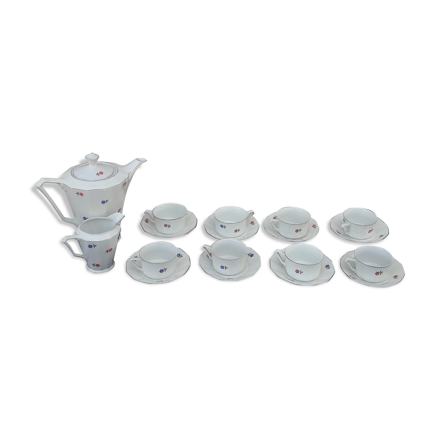 Czechoslovakia porcelain coffee service pattern blue flowers and red art deco flowers