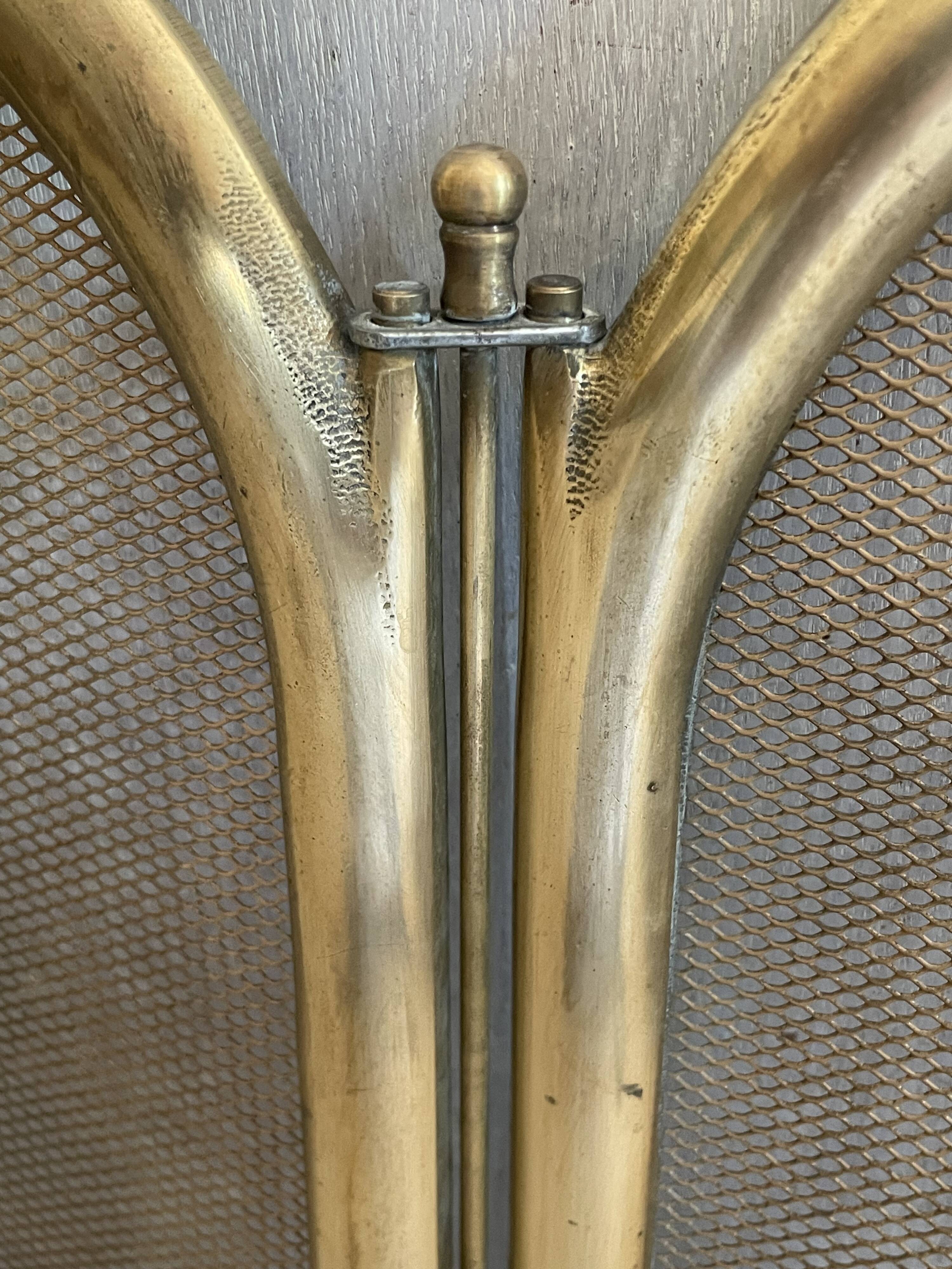 Vintage brass fireplace screen, folding spark guard with 4 panels,
