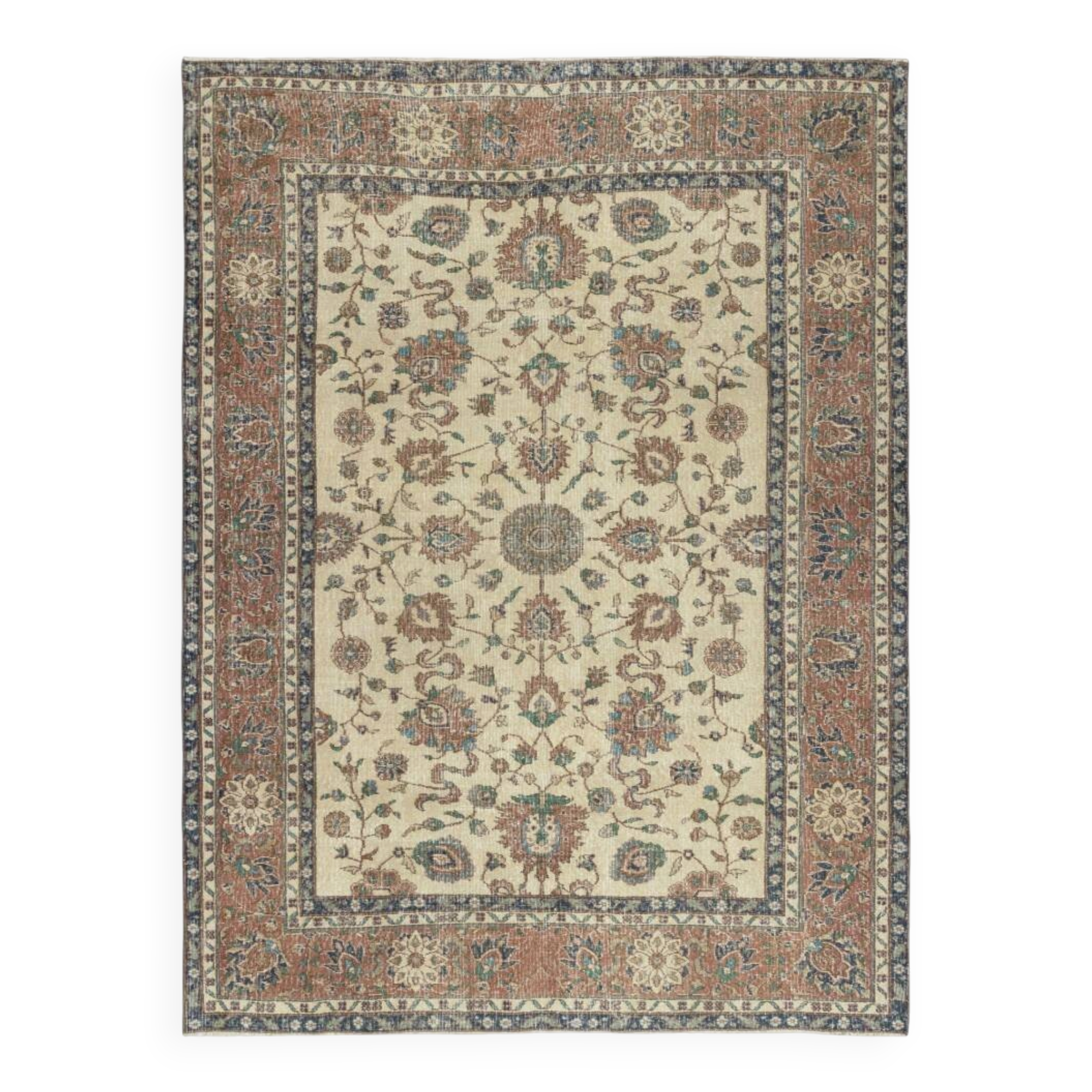 Authentic Vintage Turkish Beige Wool Area Rug with Floral Design. Hand-knotted in Turkey