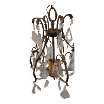 Small bronze "cage" chandelier with three lights decorated with tassels and pendant. Late 19th century