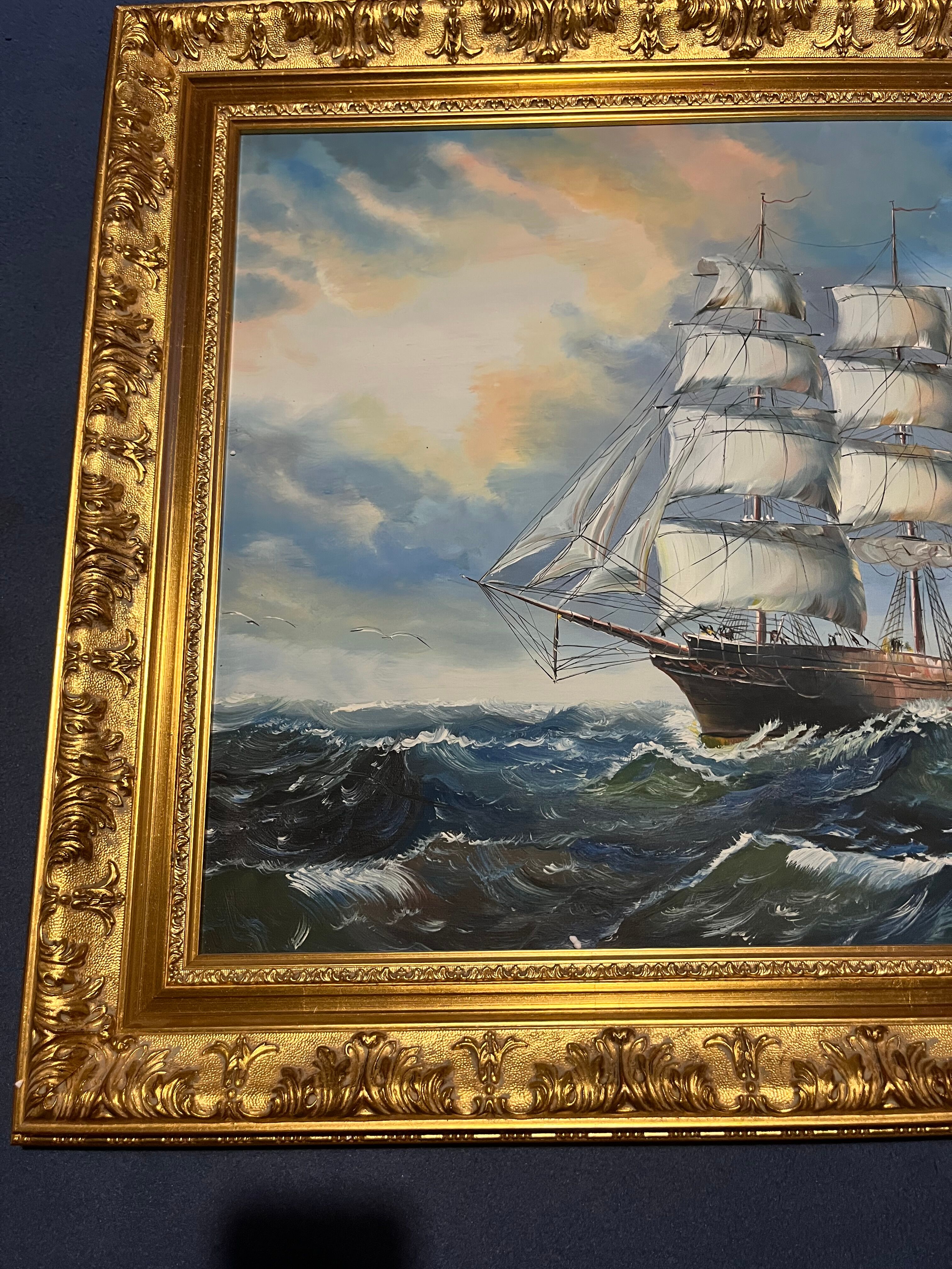 Large Marine Painting 3-Mast Sailing Ship - Sunset Sky