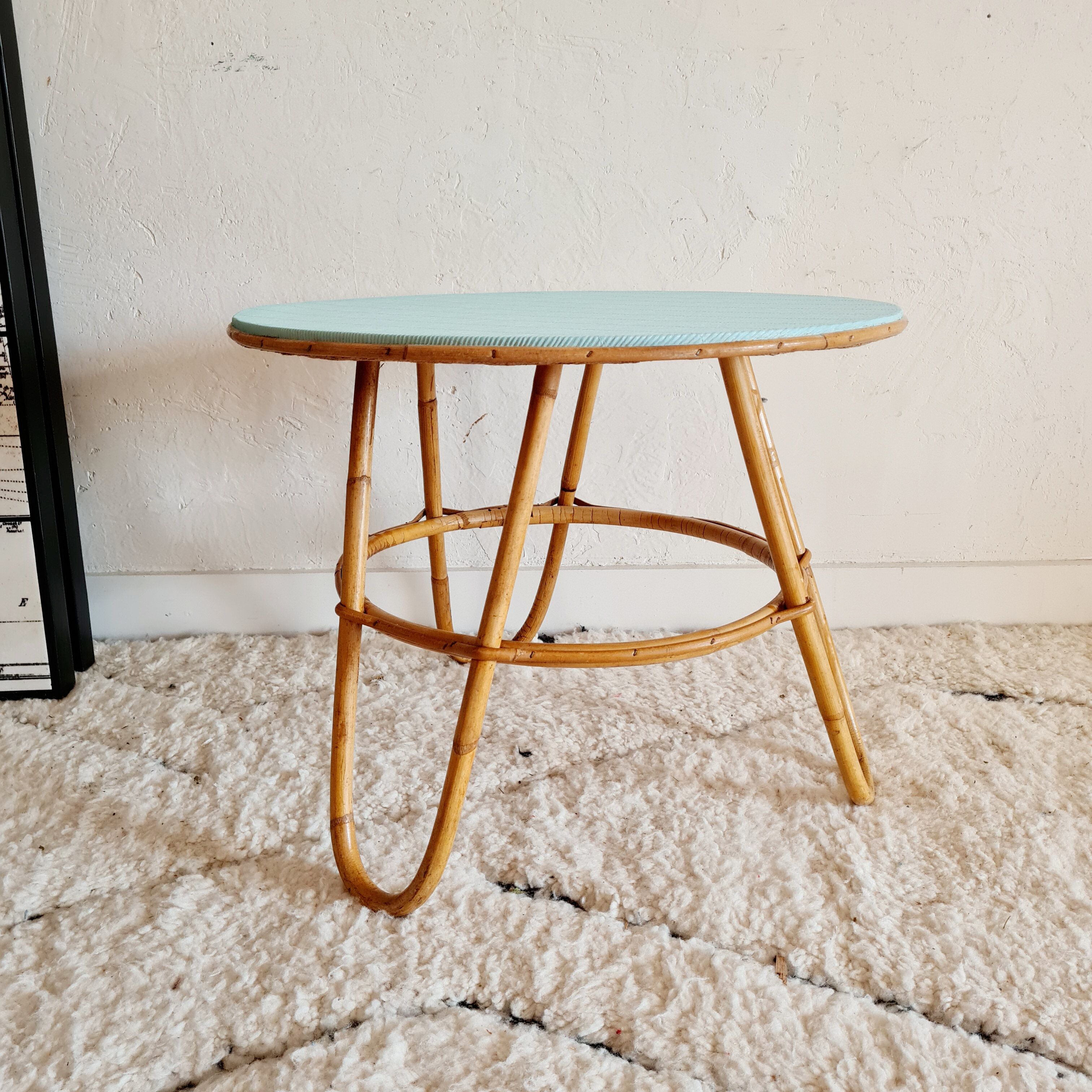 Vintage rattan coffee table round blue top