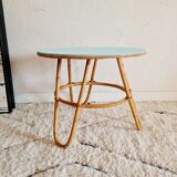 Vintage rattan coffee table round blue top