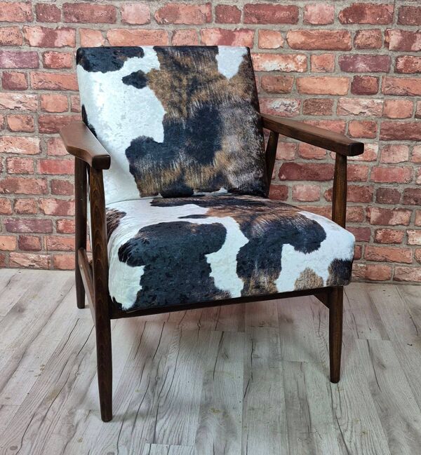 Restored Mid-Century Armchair Type B-7727 - Cowhide Print Velour - 1960s